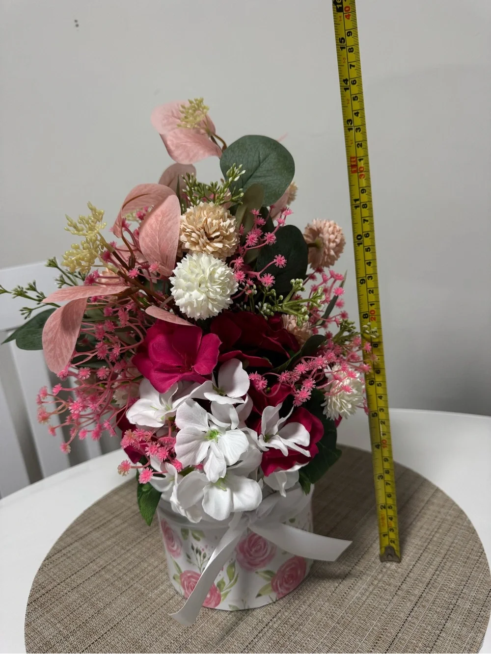 Pink & White Floral Arrangement in Decorative Hatbox